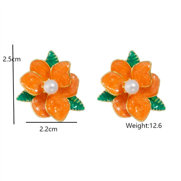 Orange Tropical Flower Enamel Earrings - Picture 2 of 3